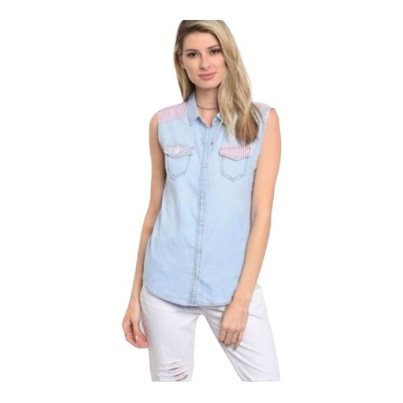 Womens Chiqle Denim Architect Stars & Stripes Sleeveless Top - Sz M - Picture 1 of 4